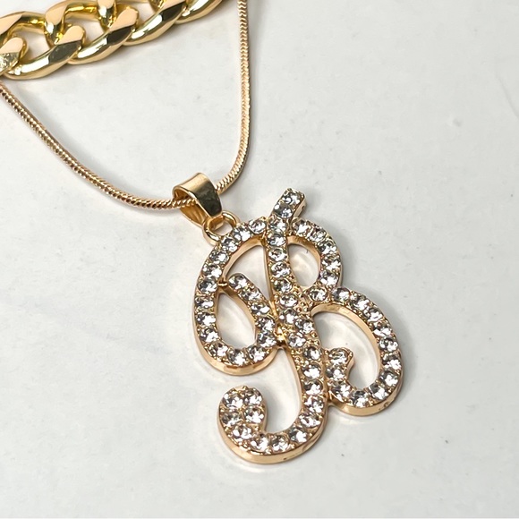 3PC Layered Letter B Rhinestone Gold Chainlink Snake Necklace Bundle Set - Picture 5 of 7